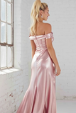 Pink Satin Sheath Ruched Off The Shoulder Long Bridesmaid Dress