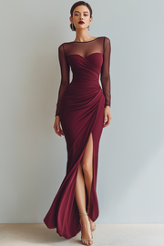 Cabernet Boat Neck Long Mermaid Formal Dress with Sleeves