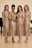 Sparkly Champagne Sheath Sequins V-Neck Long Choir Dress with Slit