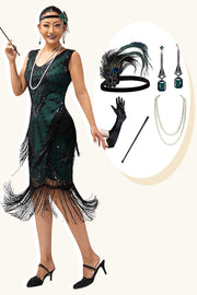 Black Green Sequin Fringe V Neck 1920s Dress with 5-Piece Accessories Set