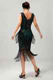 Black Green Sequin Fringe V Neck 1920s Dress with 5-Piece Accessories Set