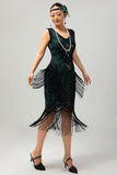 Black Green Sequin Fringe V Neck 1920s Dress with 5-Piece Accessories Set