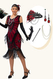 Fringed Black Red Sequin 1920s Dress with 5-Piece Accessory Set