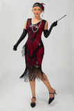 Fringed Black Red Sequin 1920s Dress with 5-Piece Accessory Set