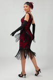 Fringed Black Red Sequin 1920s Dress with 5-Piece Accessory Set