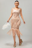 Champagne Fringed Sequins 1920s Dress with 5-Piece Accessory Set