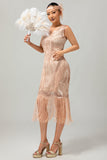 Champagne Fringed Sequins 1920s Dress with 5-Piece Accessory Set
