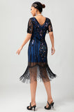 Apricot Fringed Sequin 1920s Flapper Dress with Short Sleeves
