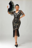 Sparkly Flapper Black Golden Sequin Bodycon Fringed 1920s Dress