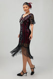Flapper Burgundy Sequin Bodycon Fringed 1920s Dress