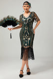 Apricot Fringed Sequin 1920s Flapper Dress with Short Sleeves