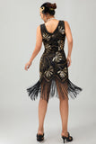 Red Golden Sequin 1920s V Neck Bodycon Flapper Dress with Tassles
