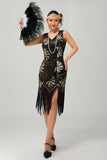 Red Golden Sequin 1920s V Neck Bodycon Flapper Dress with Tassles