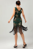 Green Golden Sequin V Neck Bodycon 1920s Flapper Dress with Tassles