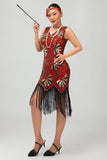 Red Golden Sequin 1920s V Neck Bodycon Flapper Dress with Tassles
