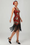 Red Golden Sequin 1920s V Neck Bodycon Flapper Dress with Tassles