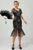 Gatsby Black Red Scoop Fringed Bodycon1920s Dress with Sequins