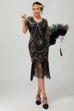 Gatsby Black Red Scoop Fringed Bodycon1920s Dress with Sequins