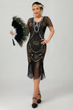 Gatsby Black Red Scoop Fringed Bodycon1920s Dress with Sequins