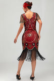 Gatsby Black Red Scoop Fringed Bodycon1920s Dress with Sequins