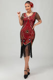 Gatsby Black Red Scoop Fringed Bodycon1920s Dress with Sequins