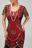Gatsby Black Red Scoop Fringed Bodycon1920s Dress with Sequins