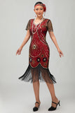 Gatsby Black Red Scoop Fringed Bodycon1920s Dress with Sequins