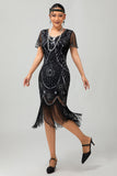 Gatsby Black Red Scoop Fringed Bodycon1920s Dress with Sequins