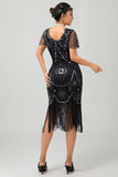 Gatsby Black Red Scoop Fringed Bodycon1920s Dress with Sequins