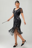 Gatsby Black Red Scoop Fringed Bodycon1920s Dress with Sequins