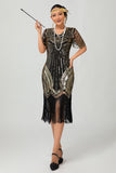 Black Golden Sequin Bodycon 1920s Flapper Dress with Tassles