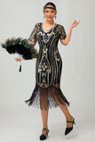 Black Golden Sequins Bodycon 1920s Dress with 5-Piece Accessories Set