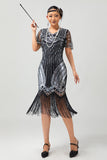 Black Golden Sequin Bodycon 1920s Flapper Dress with Tassles