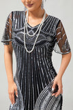 Black Silver Sequin V Neck Bodycon 1920s Dress with Tassels