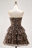 Brown Leopard A-Line Sweetheart Corset Tiered Ruffle Cocktail Dress