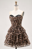 Brown Leopard A-Line Sweetheart Corset Tiered Ruffle Cocktail Dress