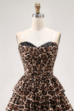 Brown Leopard A-Line Sweetheart Corset Tiered Ruffle Cocktail Dress