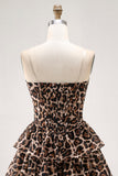 Brown Leopard A-Line Sweetheart Corset Tiered Ruffle Cocktail Dress