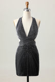 Black Bodycon V-Neck Beaded Cocktail Dress
