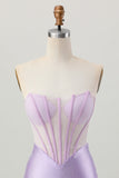 Lilac Beaded Strapless Corset Short Satin Cocktail Dress