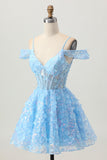 Sparkly Sequins Blue A-Line Cold Shoulder Mini Cocktail Dress with Open Back