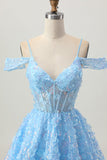 Sparkly Sequins Blue A-Line Cold Shoulder Mini Cocktail Dress with Open Back