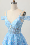 Sparkly Sequins Blue A-Line Cold Shoulder Mini Cocktail Dress with Open Back