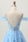 Sparkly Sequins Blue A-Line Cold Shoulder Mini Cocktail Dress with Open Back