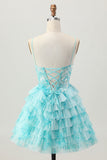 Blue Green A Line Tiered Print Corset Mini Cocktail Dress with Ruffle Skirt