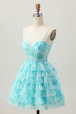 Blue Green A Line Tiered Print Corset Mini Cocktail Dress with Ruffle Skirt