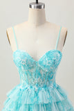Blue Green A Line Tiered Print Corset Mini Cocktail Dress with Ruffle Skirt