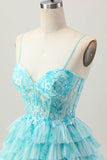 Blue Green A Line Tiered Print Corset Mini Cocktail Dress with Ruffle Skirt
