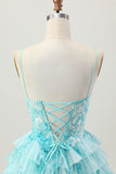 Blue Green A Line Tiered Print Corset Mini Cocktail Dress with Ruffle Skirt