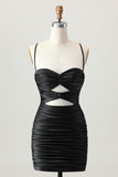 Dark Khaki Ruched Cut-Out Tight Mini Cocktail Dress with Lace Up Back
